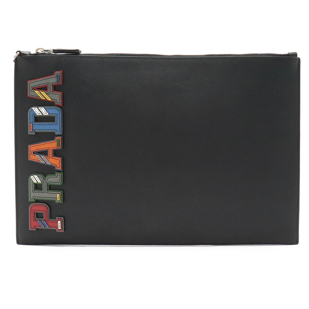 Prada Saffiano Charac Clutch Bag Shoulder Leather NERO Black Multicolor